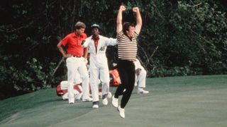 Fuzzy Zoeller celebrates his winning putt at the 1979 Masters