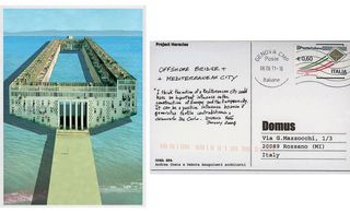 ’Offshore Bridge & Mediterranean City’ by Andrea Costa & Debora Sanguieneti. A postcard with an image of a bridge going over a body of blue water on it.