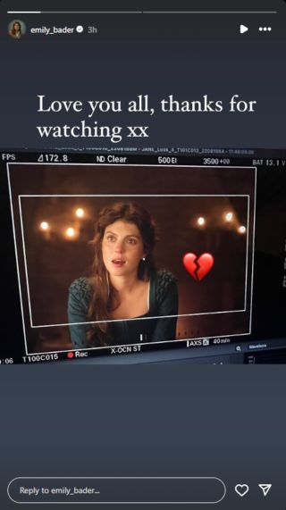 Emily Bader instagram screenshot of a BTS from My Lady Jane with cancellation reaction