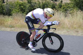 Rohan Dennis (Bahrain-Merida) shows off his rainbow stripes