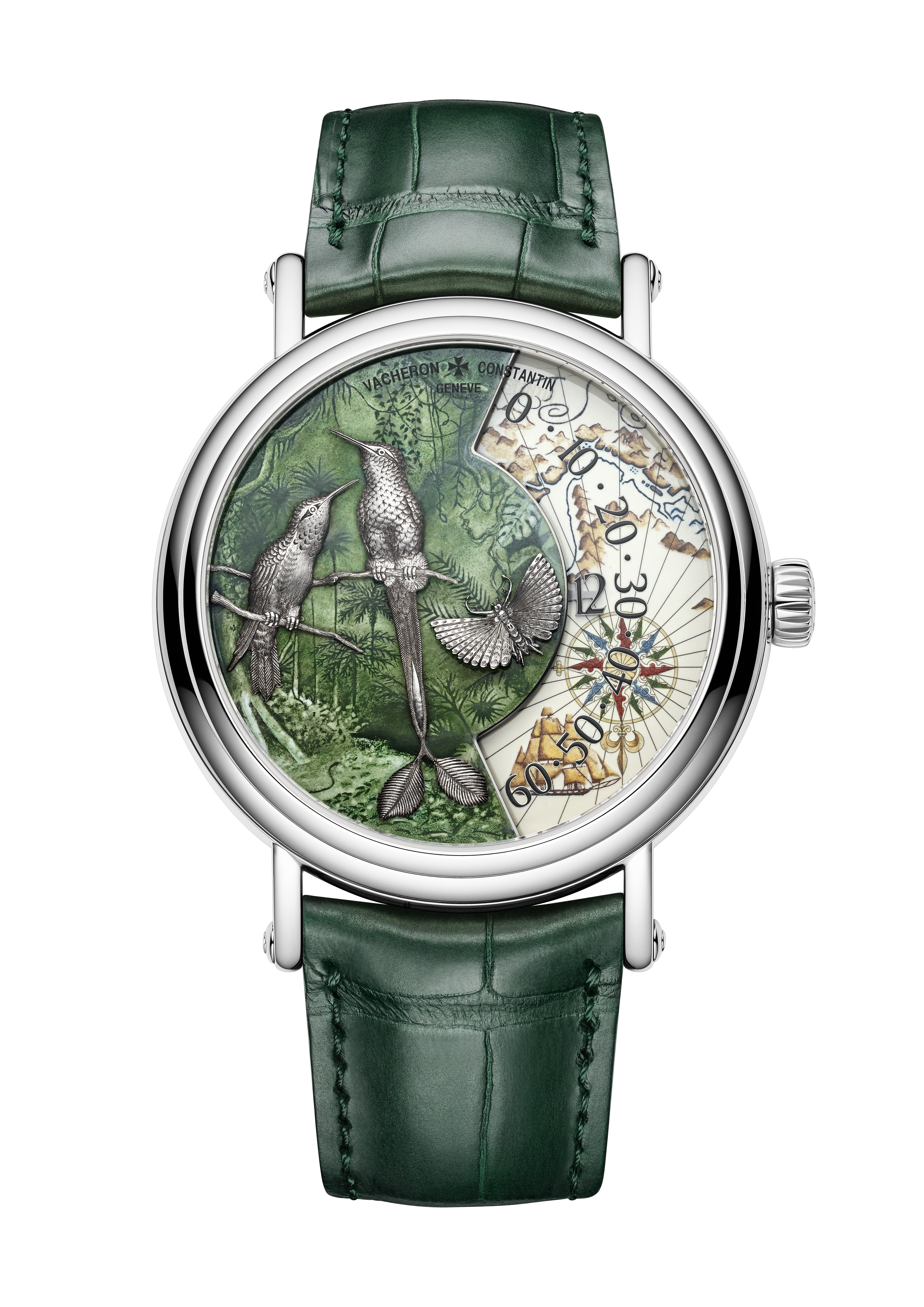 Painted dial watch on green croc leather strap