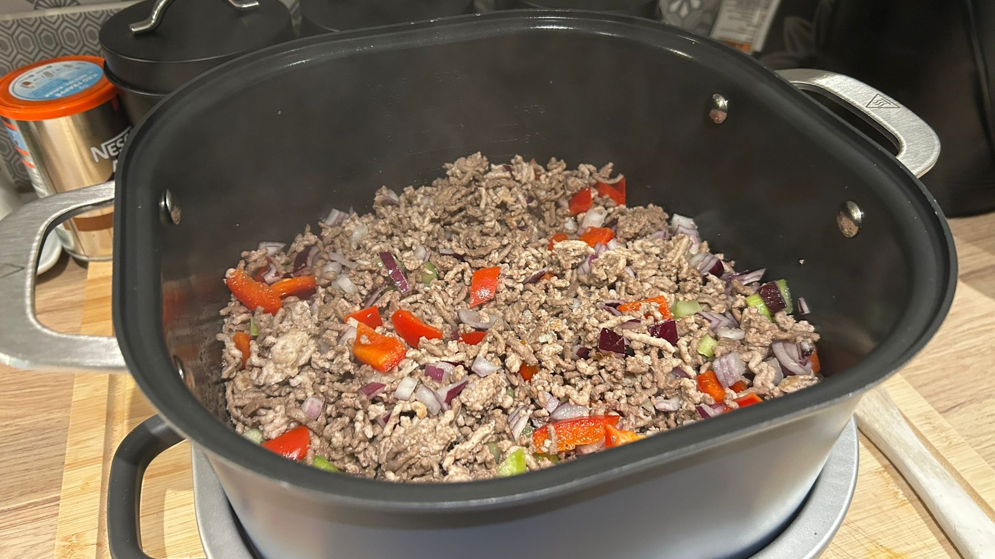 Cajun dirty rice cooking in Ninja Foodi PossibleCooker