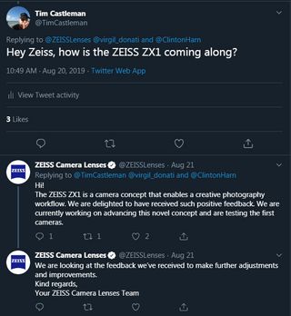 Zeiss' official Twitter account advises that the Zeiss ZX1 is currently being tested
