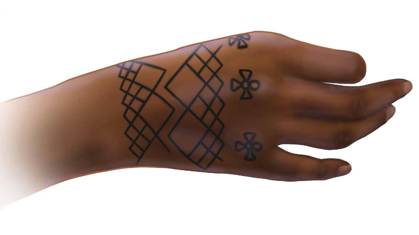 artist's reconstruction of a dark-skinned right hand with geometric tattoos