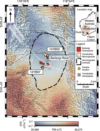 Złożona mapa wpływu krateru Yarrabubba w Australii