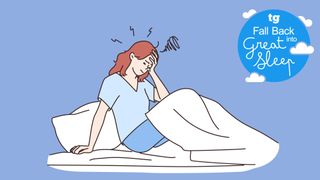 An illustration of a woman waking up confused and groggy against a blue background