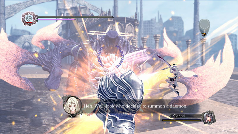 Zero jumps at a demon with a big weapon in Drakengard 3