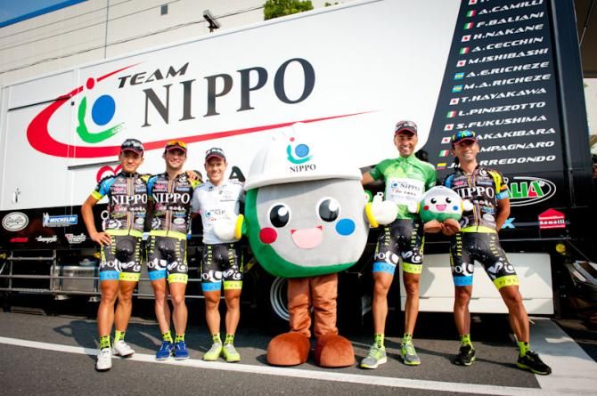 Team NIPPO - De Rosa with their main sponsor, NIPPO corporation's new mascot "Mitchy"