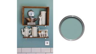 Dix Blue, the best Duck Egg Blue Paint, used in a kitchen with a pot of the paint next to it