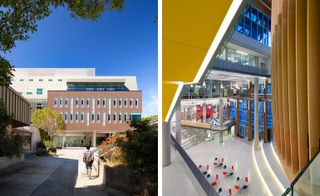 The photo to the left shows the exterior of the Student Union Building. A brown building with narrow windows, supported by concrete columns. The photo to the right shows the interior of the building, with the photo being taken from above. We see metal tables with red and black chairs throughout the space and other levels of the building.