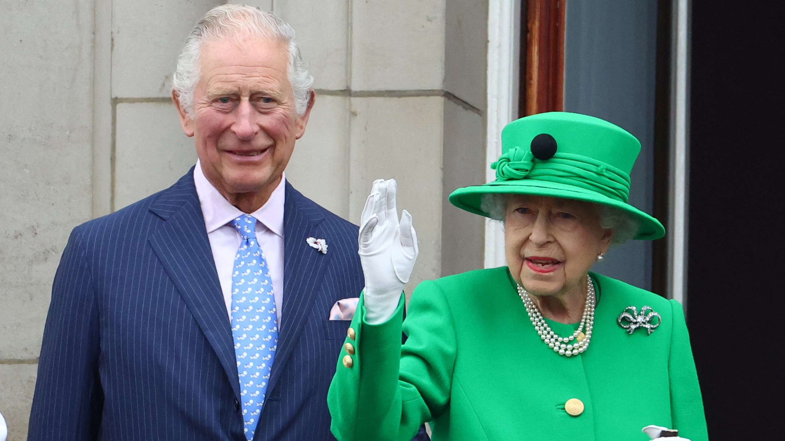 King Charles and Queen Elizabeth stand on the Buckingham Palace balcony during the Platinum Jubilee Pageant on June 05, 2022