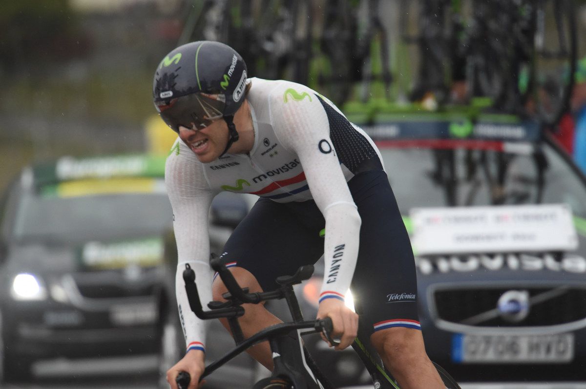 Alex Dowsett (Movistar) riding to second place, two seconds off the win