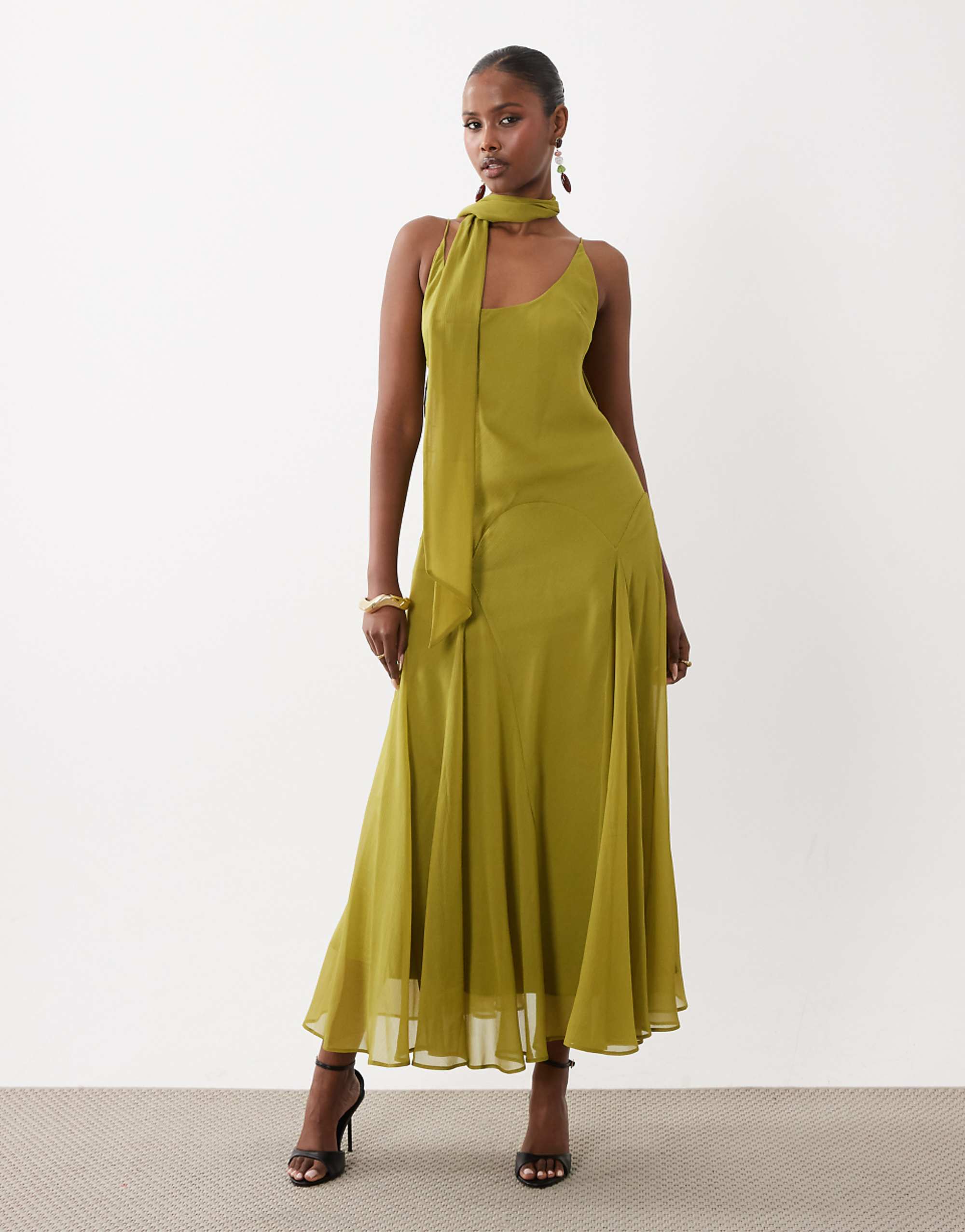 Asos Design Scoop Neck Maxi Dress With Godet Hem and Scarf in Olive Green