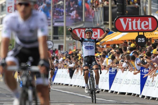 Matteo Trentin celebrates after delivering Mark Cavendish to the stage win in Marseille