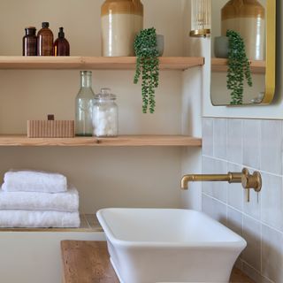 bathroom sink area with mirror, open shelving, white basin and brushed brass basin mixer