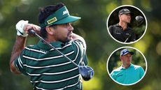 Jason Day hits a fairway wood, with Brian Harman and Sepp Straka looking on