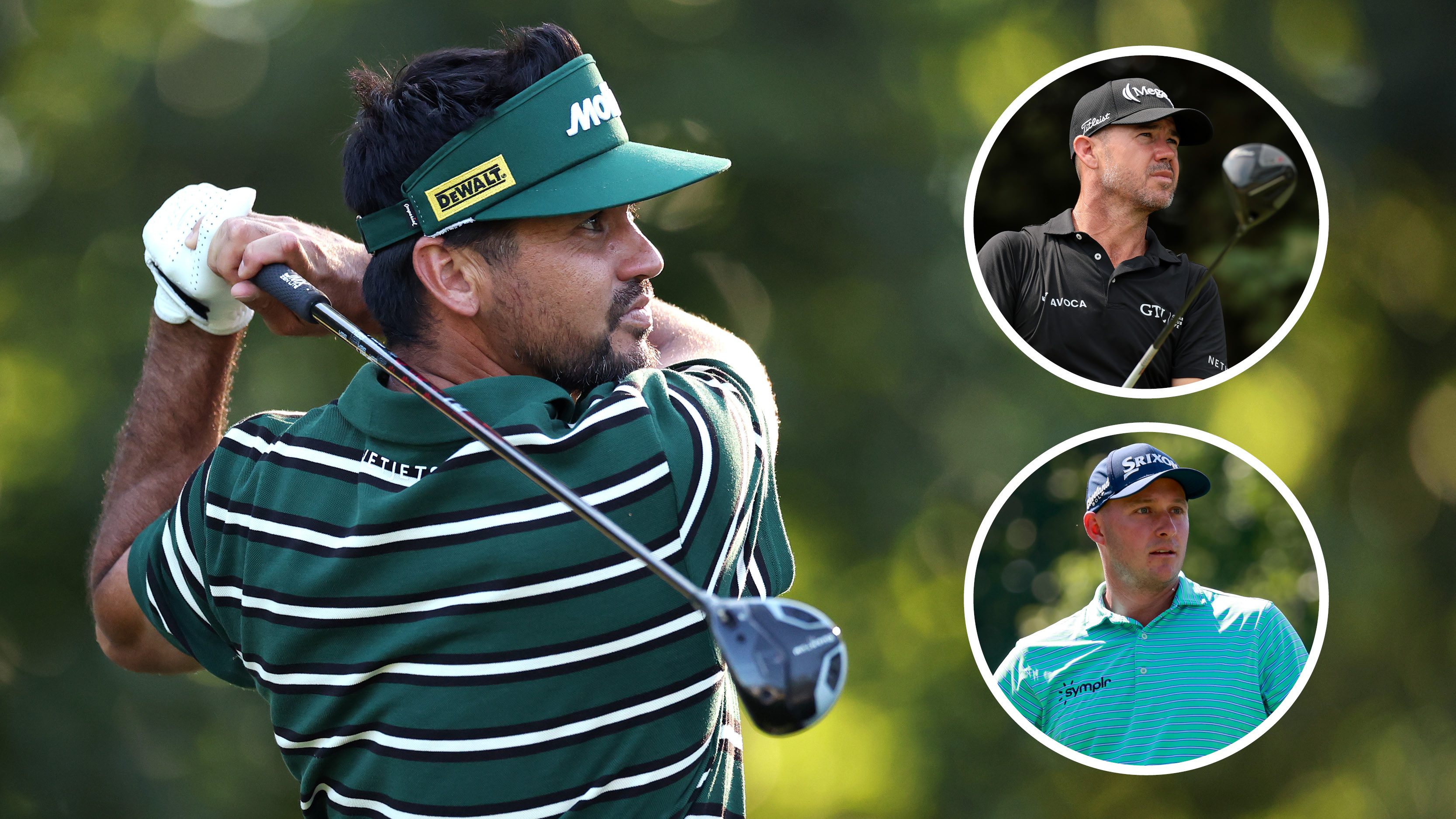 Jason Day hits a fairway wood, with Brian Harman and Sepp Straka looking on