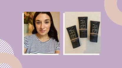 Collage of Jess testing the product on her skin for this NARS Tinted Moisturizer review and a flat lay of the product in tubes