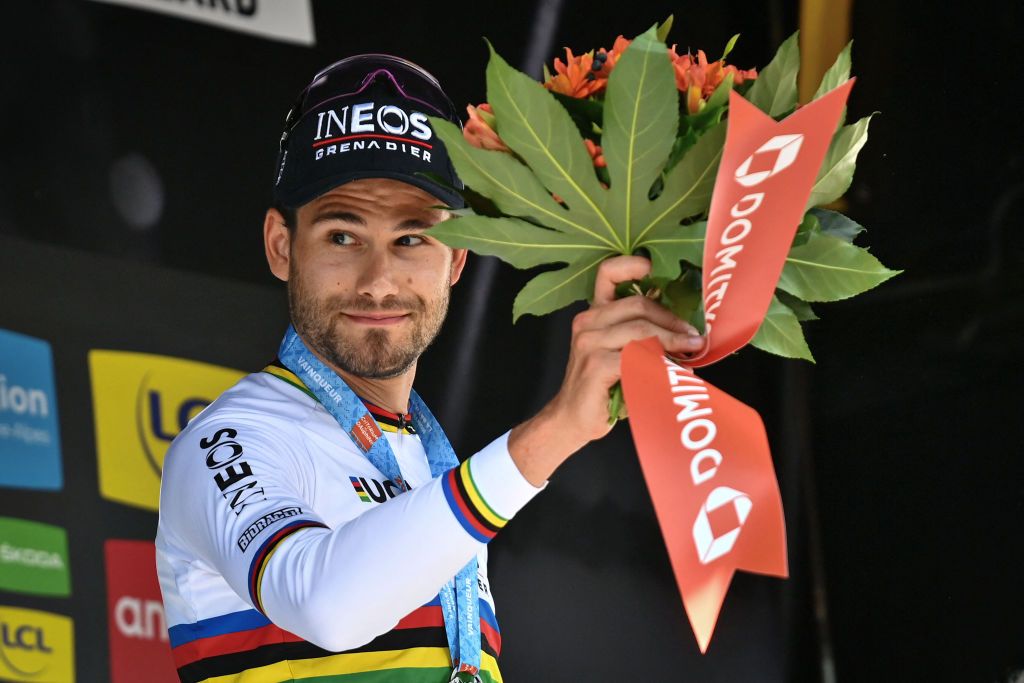 Italian Filippo Ganna of Ineos Grenadiers celebrates on the podium after winning the fourth stage of the Criterium du Dauphine cycling race an 319km individual time trial between Montbrison and La Batie dUrfe France Wednesday 08 June 2022 BELGA PHOTO DAVID STOCKMAN Photo by DAVID STOCKMAN BELGA MAG Belga via AFP Photo by DAVID STOCKMANBELGA MAGAFP via Getty Images