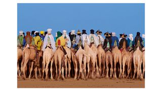 Photograph of a group of camel riders in Africa, taken by American photographer Eric Meola and titled 'Rendezvous in the Desert, Agadez, Niger, 1996'