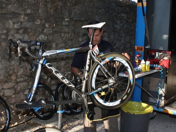 After its bath, each bike then moves to the next station where it's inspected and tuned with parts replaced as needed. Garmin-Slipstream's standard protocol calls for chain, cable and housing replacement for every bike at each rest day.