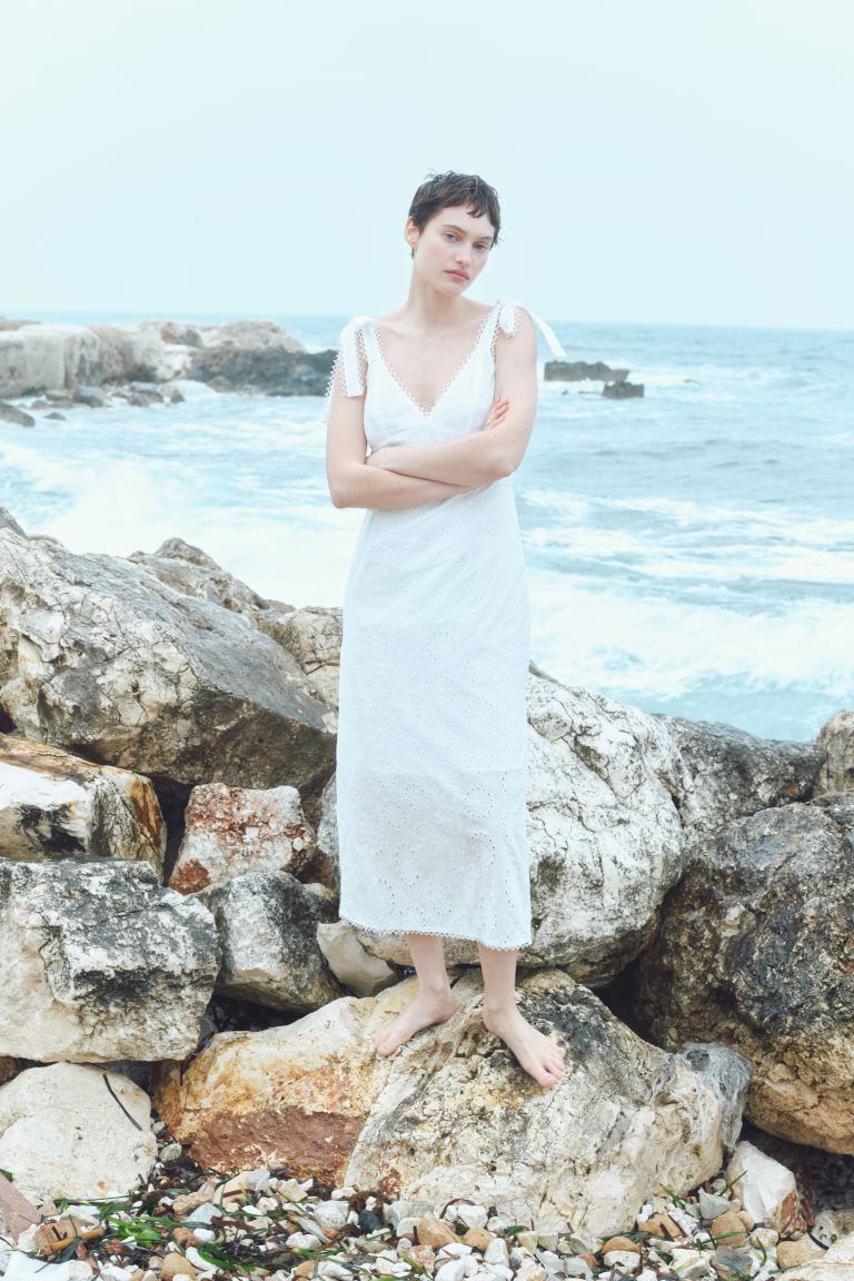Eyelet-Embroidered Dress With Tie Shoulder Straps