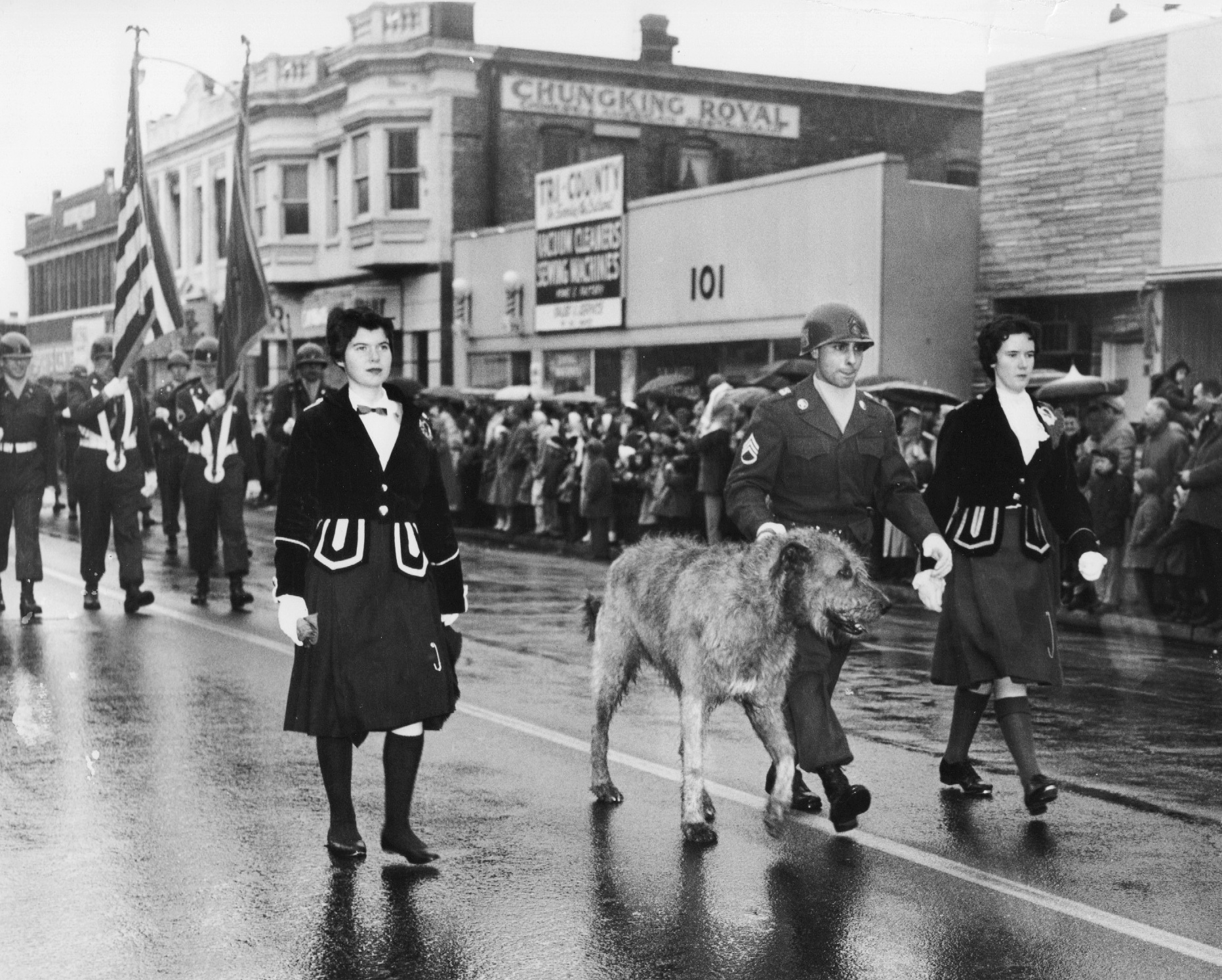 A black-and-white photograph of a 1959 St. Patrick’s Day parade in Hempstead, New York. In the centre, a large Irish Wolfhound named McGillicuddy is being led down a wet street by a uniformed soldier, Sgt. Joseph Cerron, flanked by two women in matching velvet-trimmed parade outfits. Behind them, a marching band and American flags are visible, with a crowd of spectators lining the pavement under umbrellas.