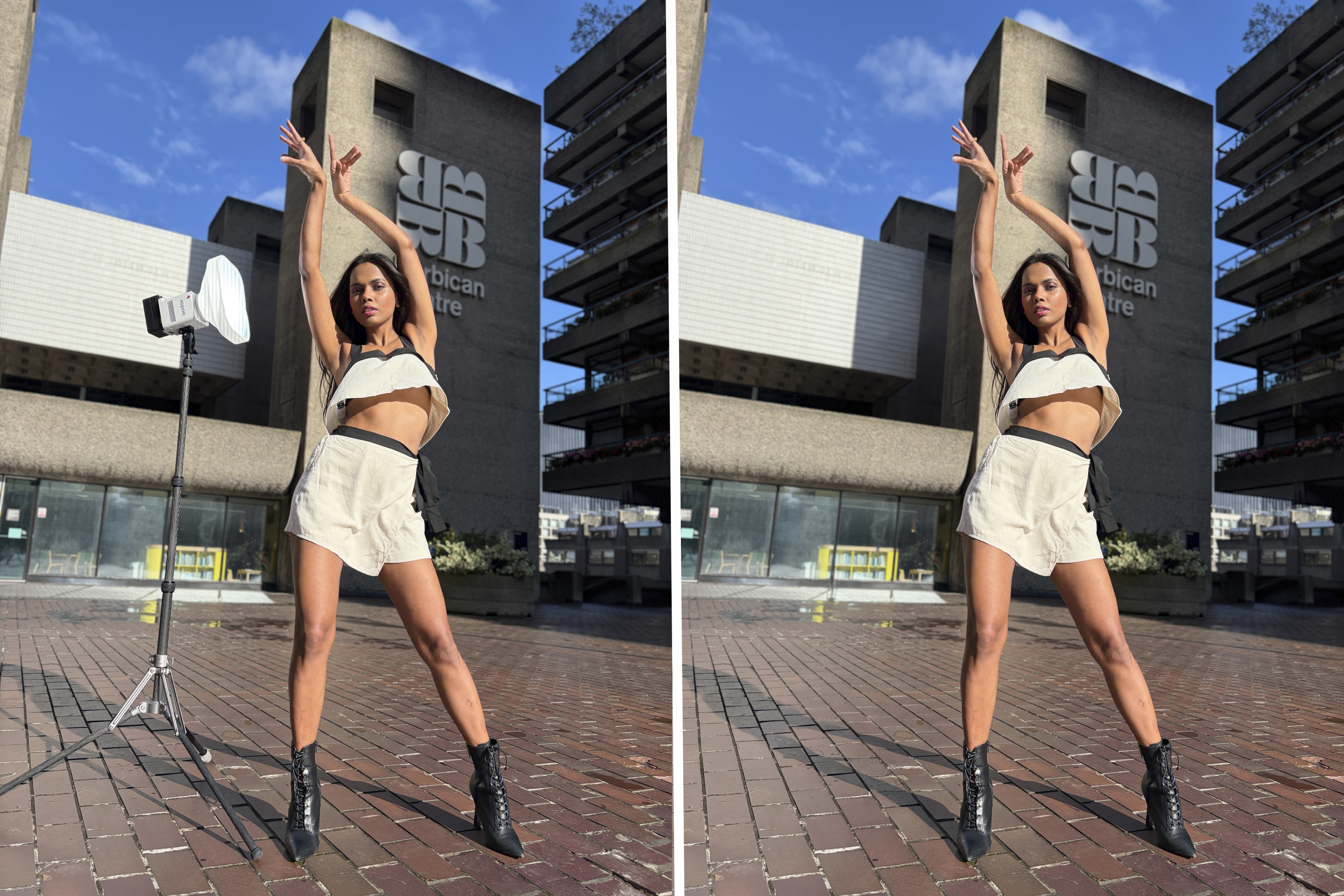 Side-by-side shot. On the left, the Godox ML150Bi is on a lighting stand placed next to a model. On the right, the LED (and its shadow) has been painted out in Photoshop.