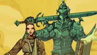 Entropy key art showing armored knight behind unhelmeted character over yellow background