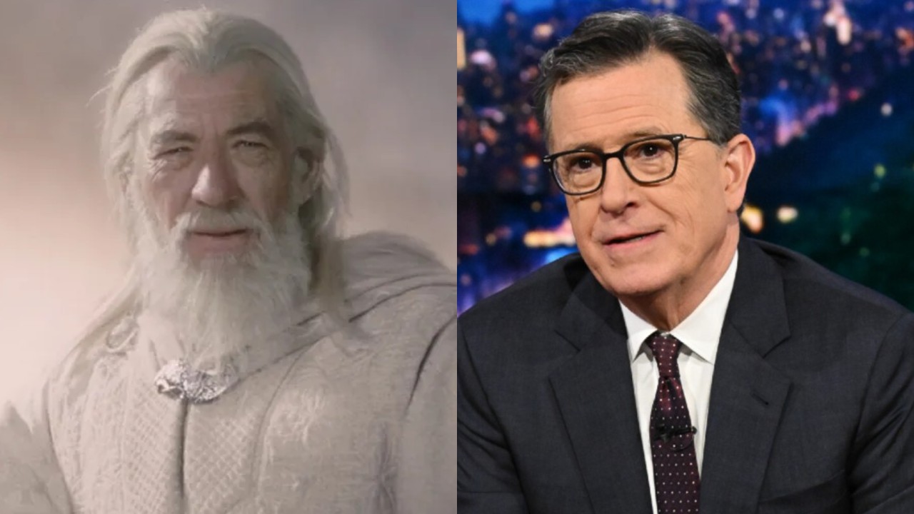 From left to right: Ian McKellan as Gandalf the White in Lord of the Rings: The Two Towers and Stpehen Colbert hosting The Late Show. 