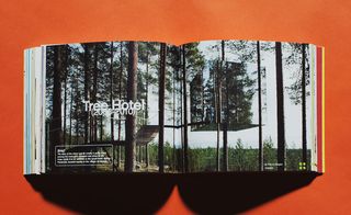 A spread from the book featuring the Tree Hotel, design.
