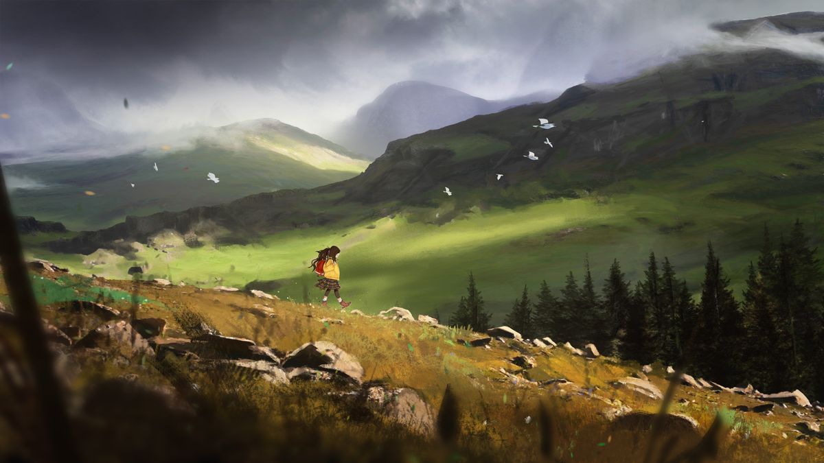 A girl runs through the Scottish Highlands