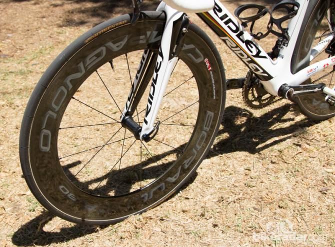 Deep Campagnolo Bora Ultra 80 wheels were used for the opening Criterium, but Greipel moved to a shallower 50mm wheel after that