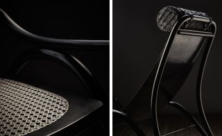 Two side-by-side photos of black chairs by Studio Swine. The first photo is a close up of the weaved seat on one chair which is in a contrasting colour. And the second photo shows another chair with a curved seat and fish skin covered bolster cushion. Both chairs are pictured against a dark background