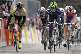 Simon Gerrans (GreenEdge), left, and Alejandro Valverde (Movistar) vie for victory in the third stage of Paris-Nice.