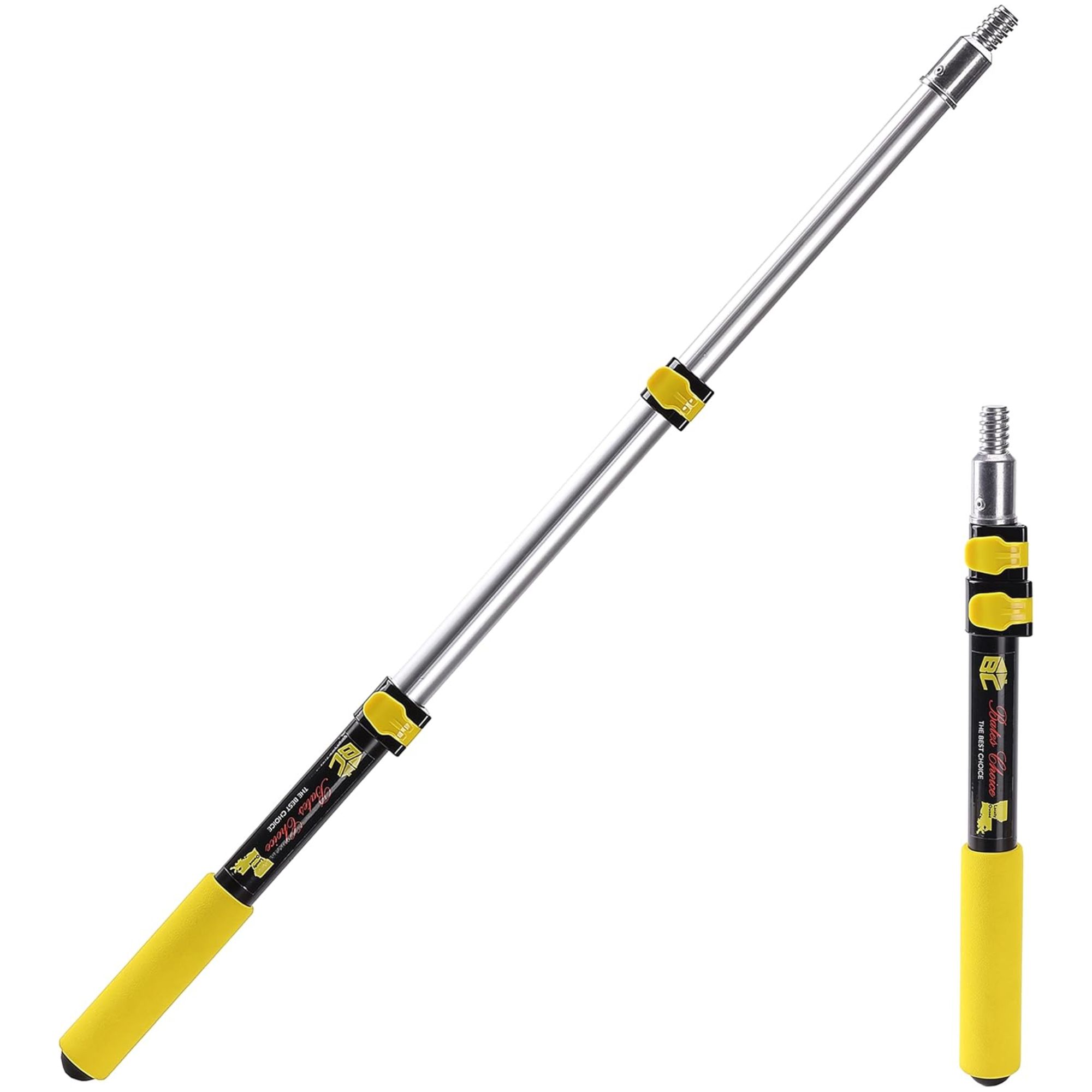 A silver telescopic paint roller with a yellow and black handle