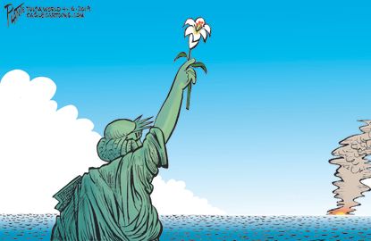 Editorial Cartoon U.S. Statue of Liberty Easter Lily Notre Dame Cathedral Paris