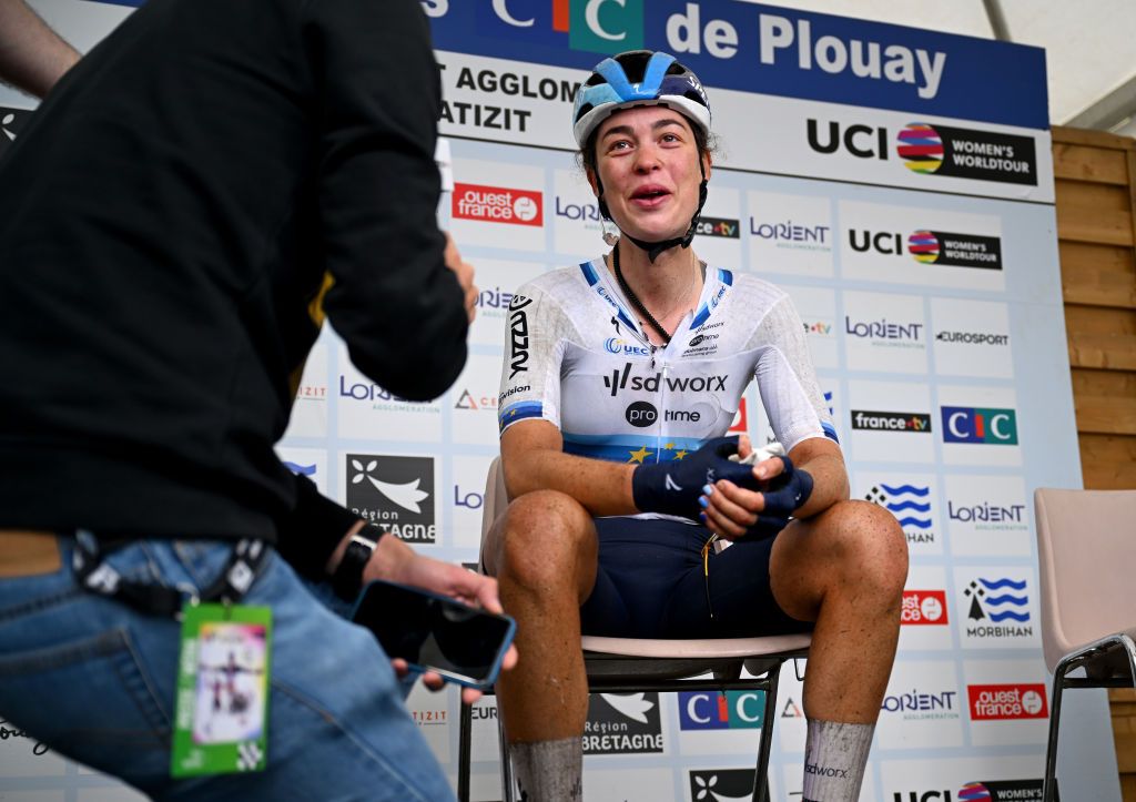 PLOUAY FRANCE AUGUST 24 Stage winner Mischa Bredewold of The Netherlands and Team SD Worx Protime reacts after the 24th GP de Plouay Lorient Agglomeration Trophee CERA 2024 a 158km one day race from Plouay to Plouay UCIWWT on August 24 2024 in Plouay France Photo by Luc ClaessenGetty Images
