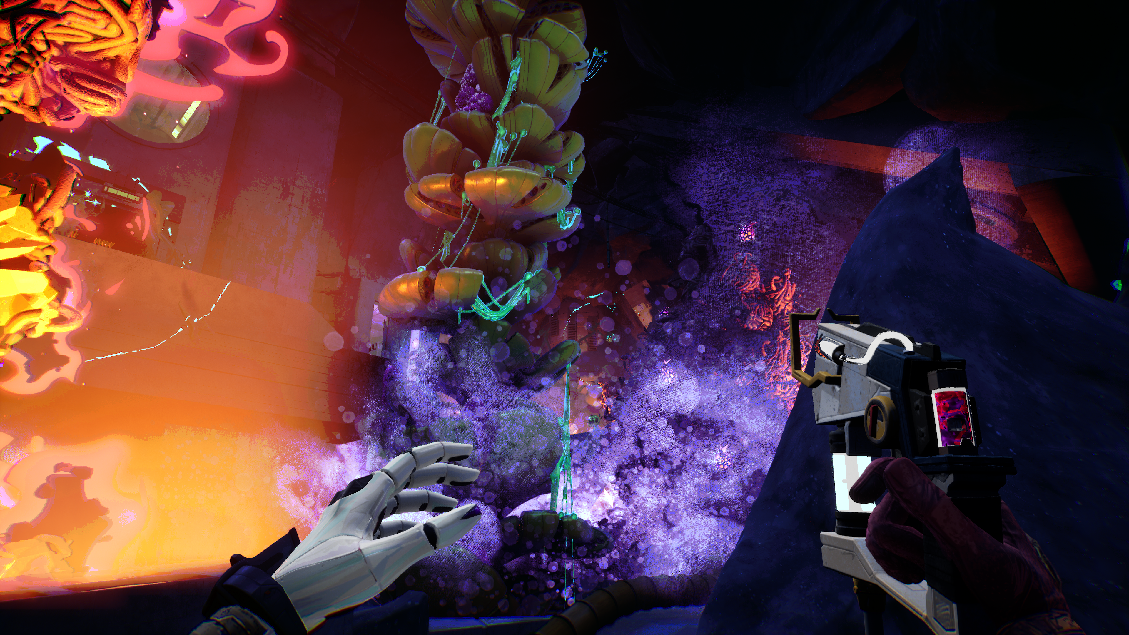 The player raises their cleaning device as they navigate one of Ambrosia Sky's colourful levels