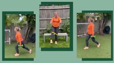 Kat Storr doing quadricep exercises in back garden, using dumbbells and resistance band, wearing activewear