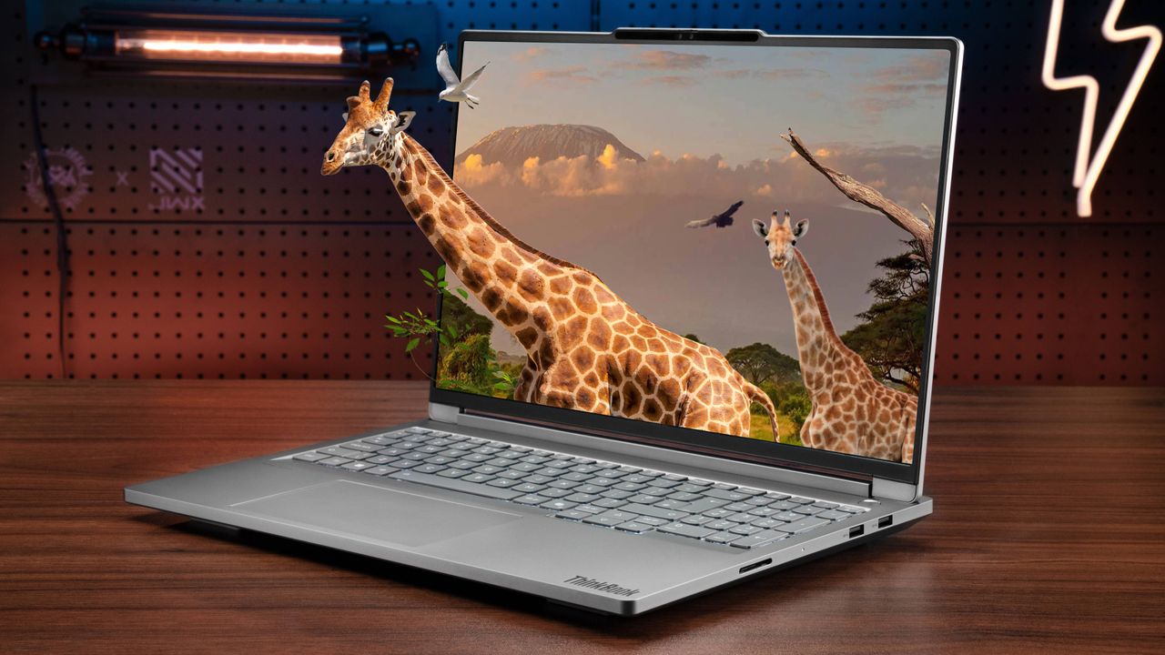 Lenovo ThinkBook 3D Laptop Concept on table showing 3D Giraffe coming out of display