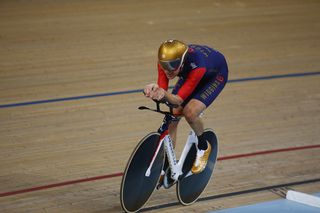 Bradley Wiggins on his way to breaking the UCI One Hour Record at Lee Valley Velopark Velodrome.