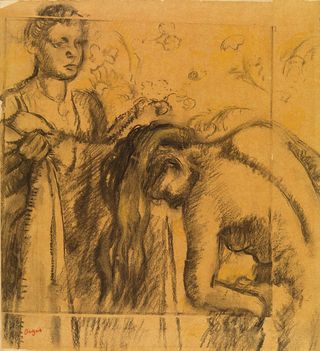 Charcoal and pastel drawing entitled 'La Toilette', depicting woman bending over, behind her to left a maid standing holding a garment, by Edgar Degas