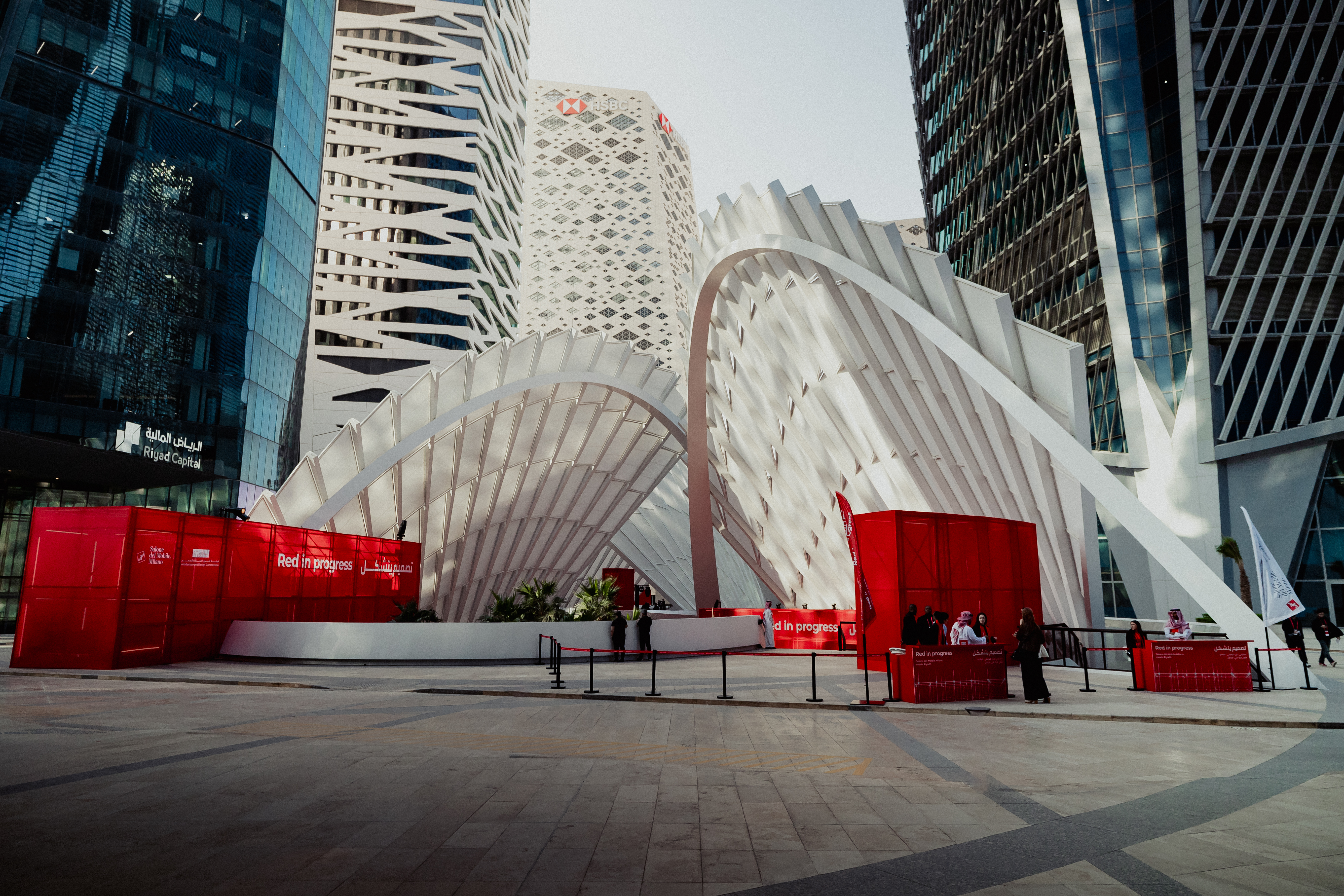 Red and white installation at Salone del Mobile in Saudi Arabia