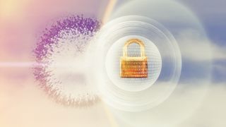 Graphic with light pastel colours and a padlock overlaid with binary