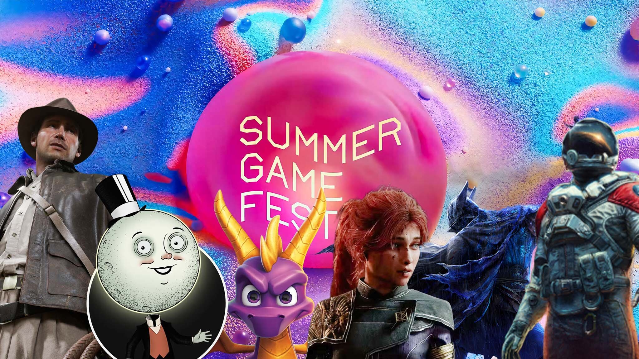 Indiana Jones, the Spacer's Choice Moon Man, and other characters on a banner saying "Summer Game Fest"