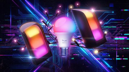 Montage of three Philips Hue smart lights on black cyberpunk-inspired background