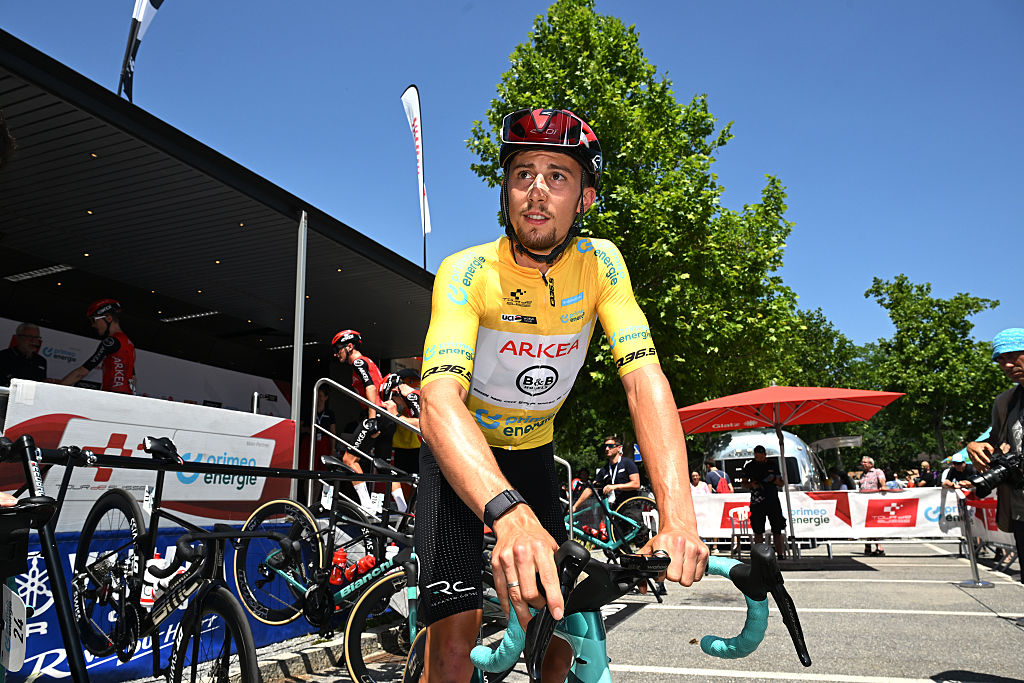 CHUR, SWITZERLAND - JUNE 20: Kevin Vauquelin of France and Team Arkea - B&B Hotels - Yellow Leader Jersey prior to the 88th Tour de Suisse 2025, Stage 6 a 186.7km stage from Chur to Neuhausen am Rheinfall / #UCIWT / on June 20, 2025 in Chur, Switzerland. (Photo by Tim de Waele/Getty Images)