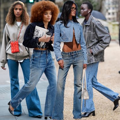 collage of women wearing flared jeans 