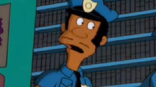 Lou the police officer on The Simpsons looking surprised.